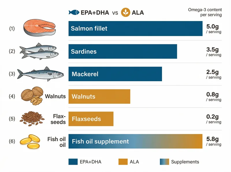 Visual comparison chart showing omega-3 content in different food sources including fatty fish, walnuts, flaxseeds, and supplements