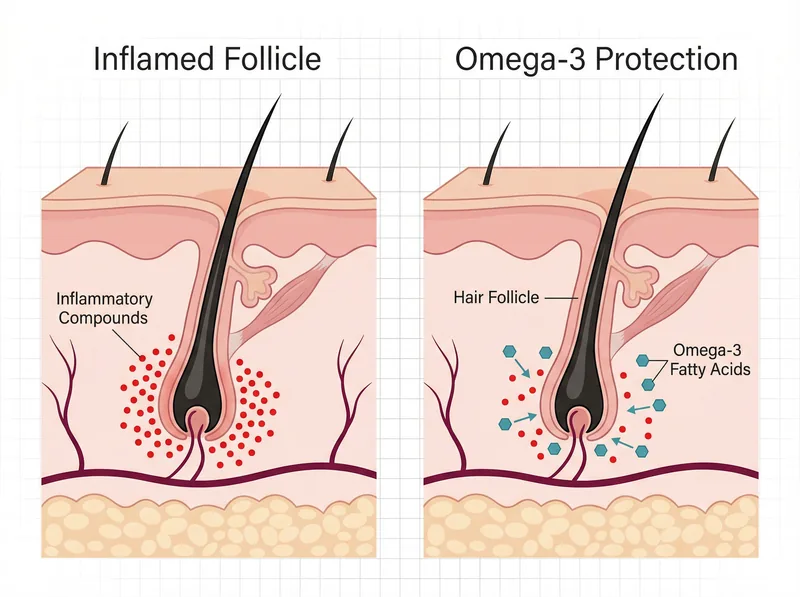Educational diagram showing how omega-3 fatty acids reduce inflammation around hair follicles in the scalp