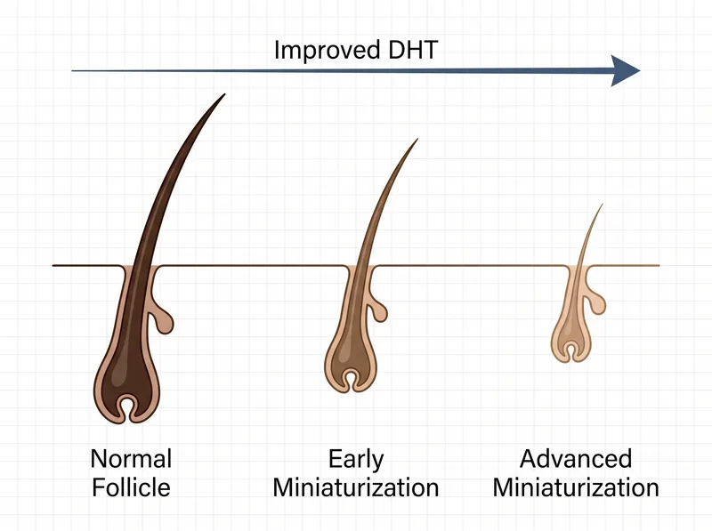 Infographic showing how improved androgens in PCOS affect hair follicle miniaturization over time