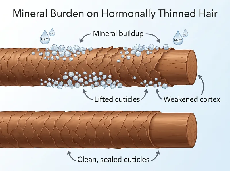 Diagram showing how mineral deposits accumulate on hair shaft weakened by hormonal changes
