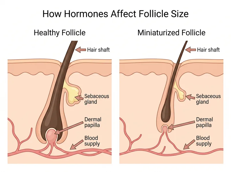 Side-by-side comparison showing healthy hair follicle versus miniaturized follicle affected by hormonal changes
