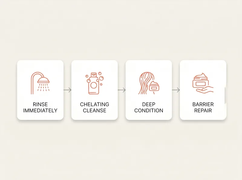 Step-by-step visual guide showing post-pool hair and skin care sequence