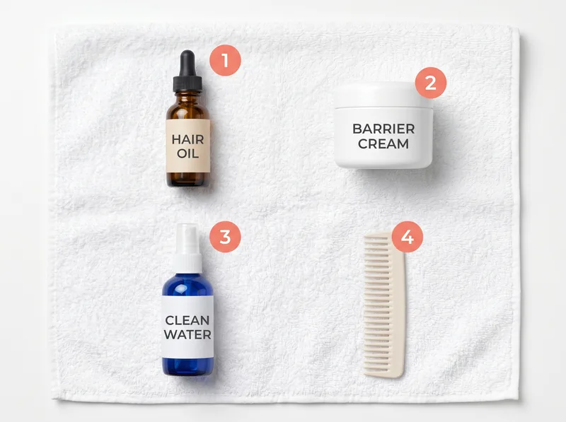 Infographic showing pre-swim protection products laid out on white towel