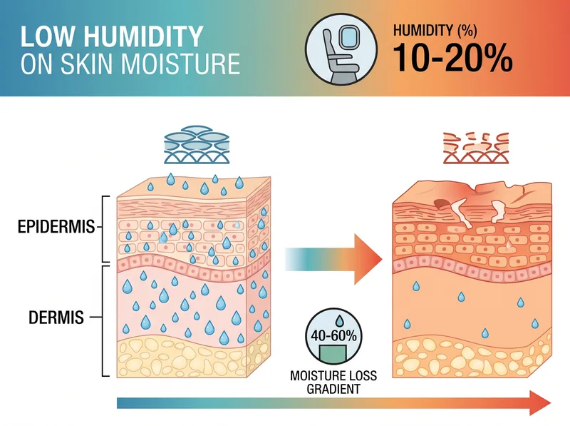 Scientific diagram showing how cabin air humidity affects skin barrier function during long flights