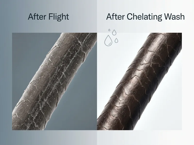 Before and after comparison of hair showing mineral buildup removal with chelating shampoo