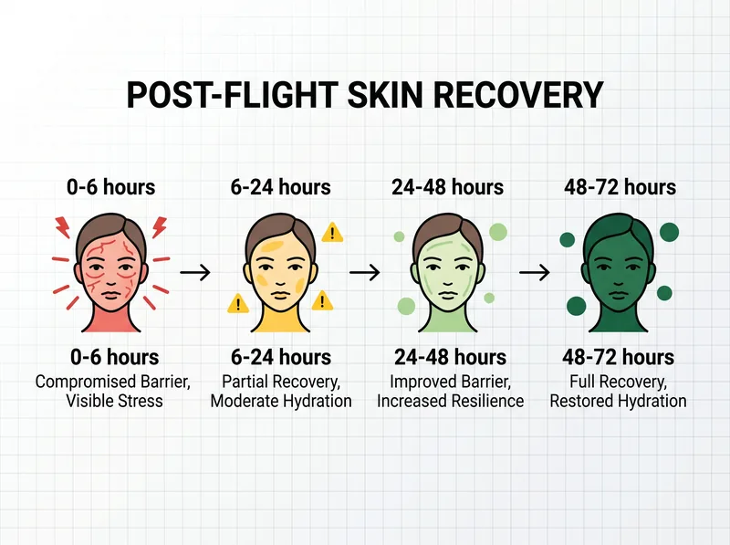 Timeline infographic showing skin barrier recovery stages after long-haul flight landing