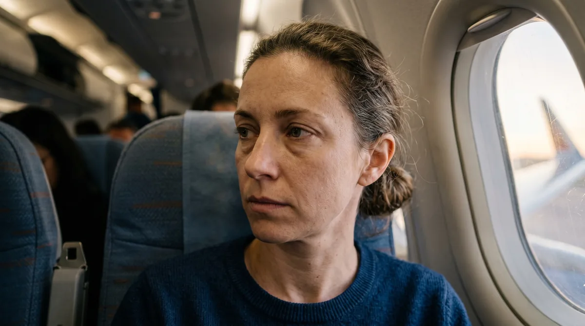 Woman's face showing dehydrated skin after long-haul flight with visible cabin air effects