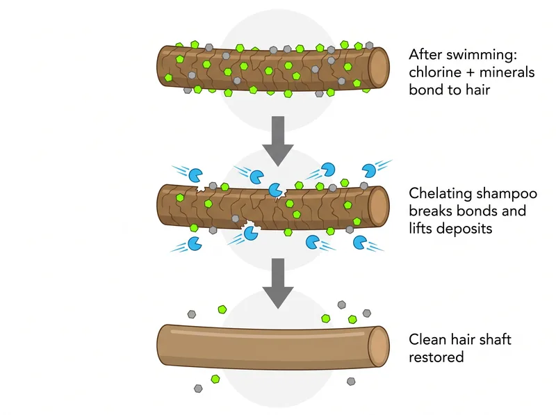 Infographic showing post-swim hair washing sequence with chelating shampoo removing chlorine and minerals