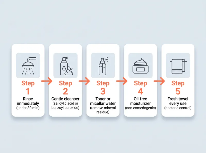 Step-by-step visual guide showing proper post-workout skincare routine for preventing sweat acne in hot climates