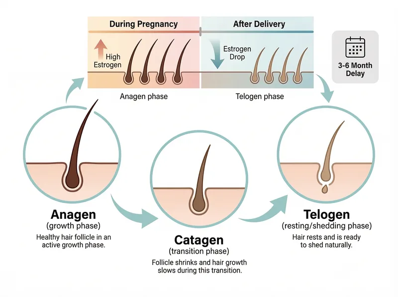 Educational diagram showing the hair growth cycle and how postpartum hormonal changes affect each phase