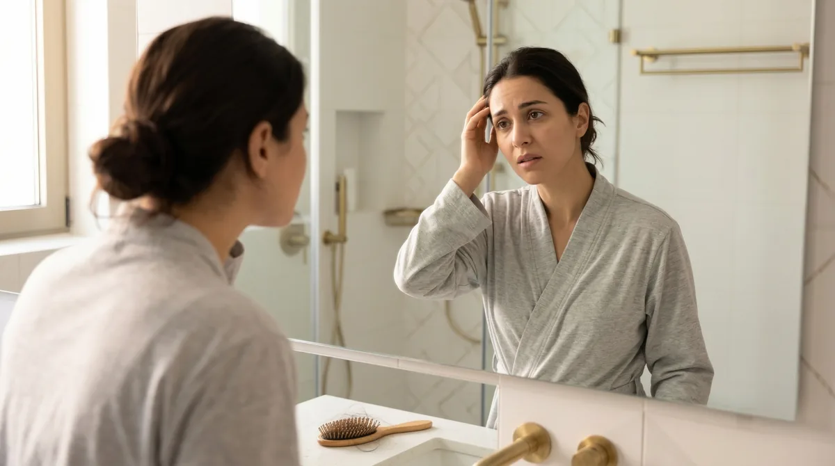 New mother gently touching her hair while looking at reflection, soft natural lighting showing concern but not distress
