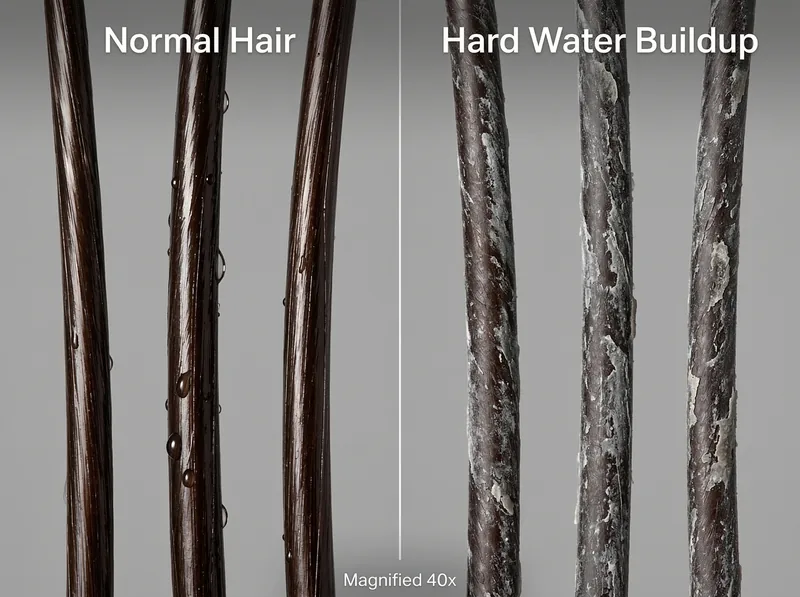 Side-by-side comparison showing hair strands with and without mineral buildup from hard water