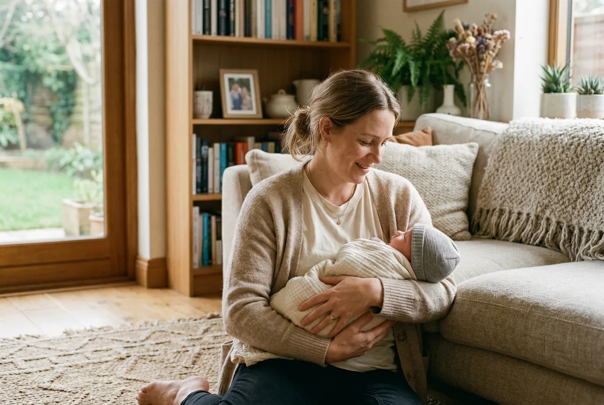 Mother holding baby in a warmly lit living room