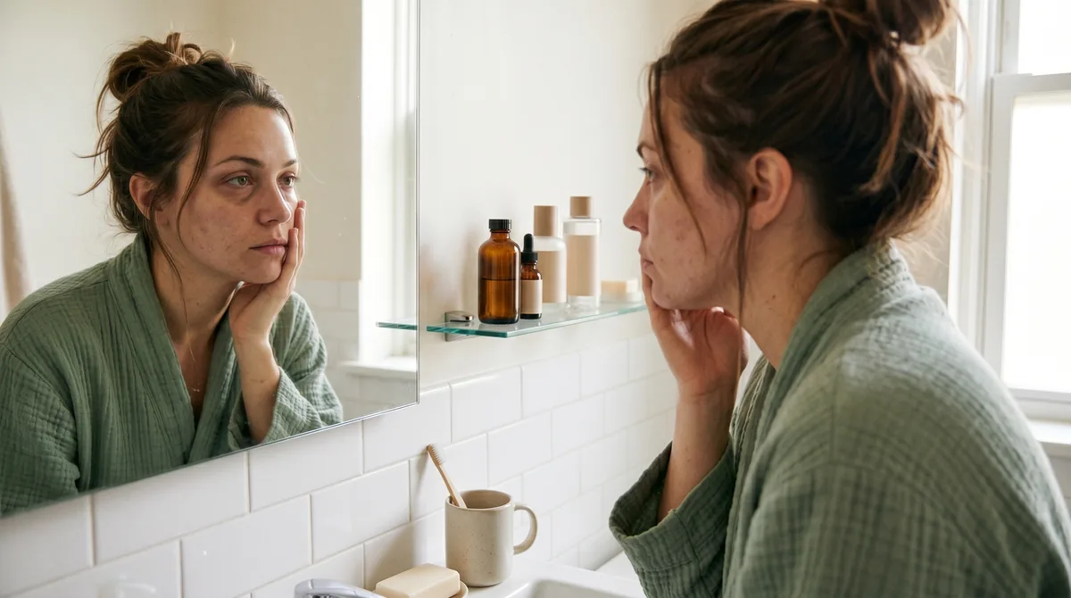 Exhausted new mother looking at her reflection in bathroom mirror in early morning light, touching her face with visible dark circles and dull skin