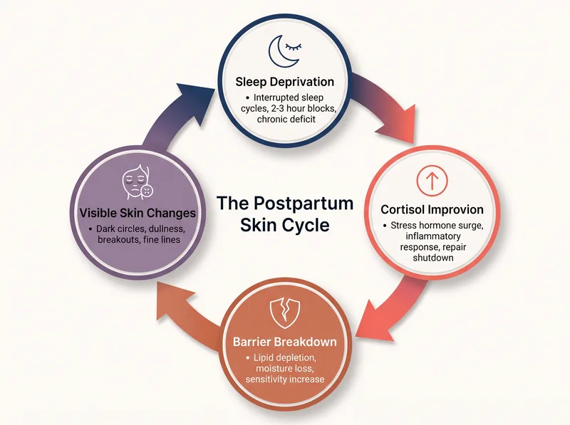 Educational diagram showing the cycle of sleep deprivation, cortisol improvion, and skin barrier breakdown in postpartum mothers