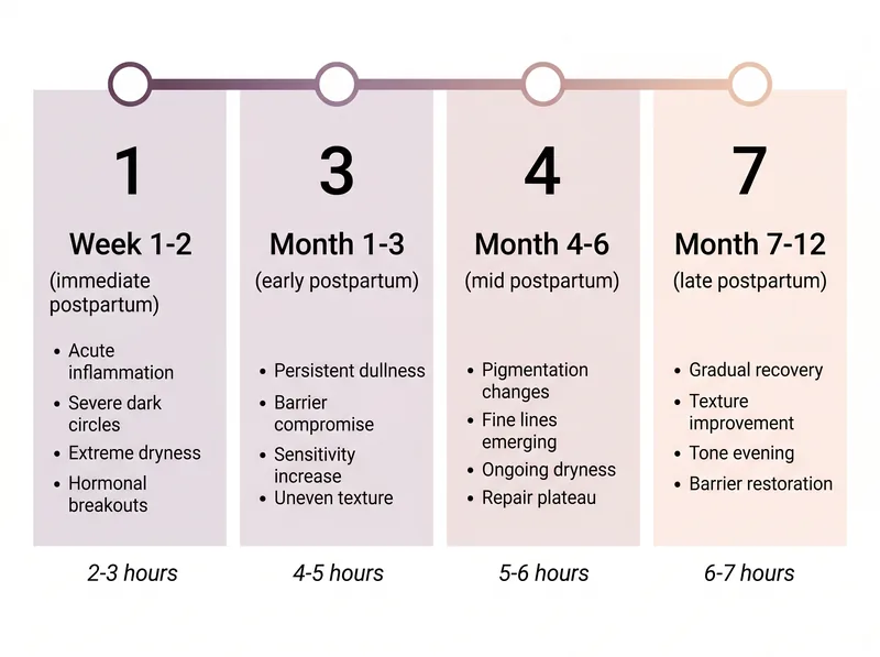 Timeline infographic showing skin changes from immediate postpartum through 12 months with sleep deprivation markers