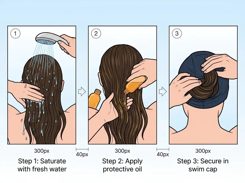 Step-by-step visual guide showing hair preparation before swimming: wetting hair, applying oil, and tucking into cap
