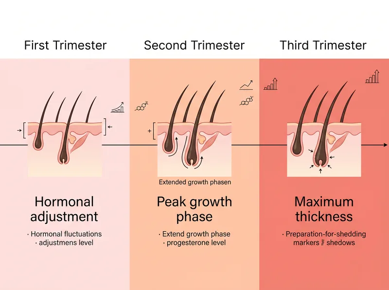 Visual timeline showing hair changes across three pregnancy trimesters with hormonal indicators
