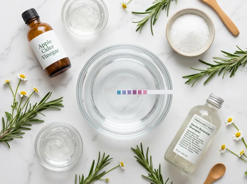 Pregnancy-safe hair care products arranged with hard water testing strip and gentle chelating ingredients