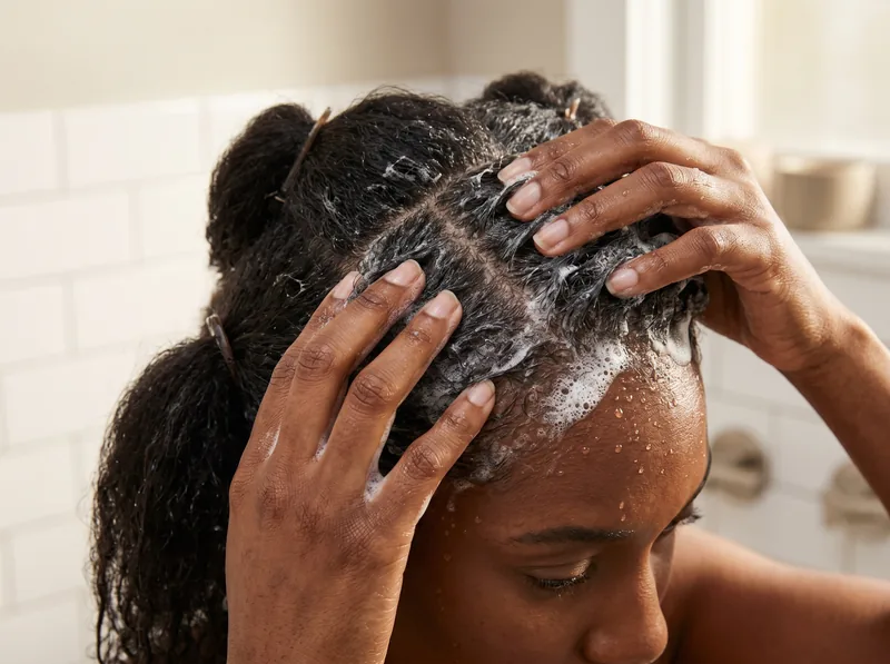 Close-up of hands applying chelating shampoo to sectioned hair at the scalp, with visible lather and water droplets