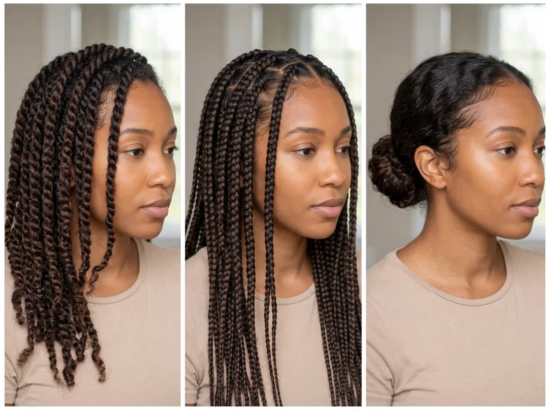 Side-by-side comparison of low-tension protective styles: loose two-strand twists, medium box braids, and a low gathered bun