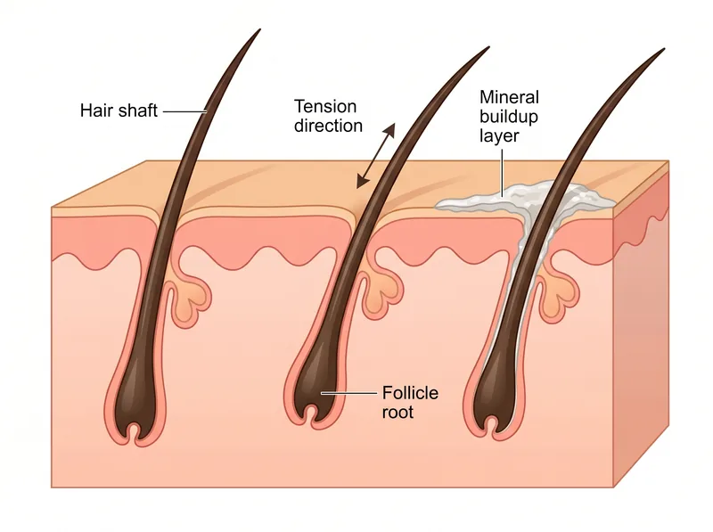 Educational diagram showing cross-section of hair follicle under tension from tight braiding with mineral buildup illustrated at the scalp surface