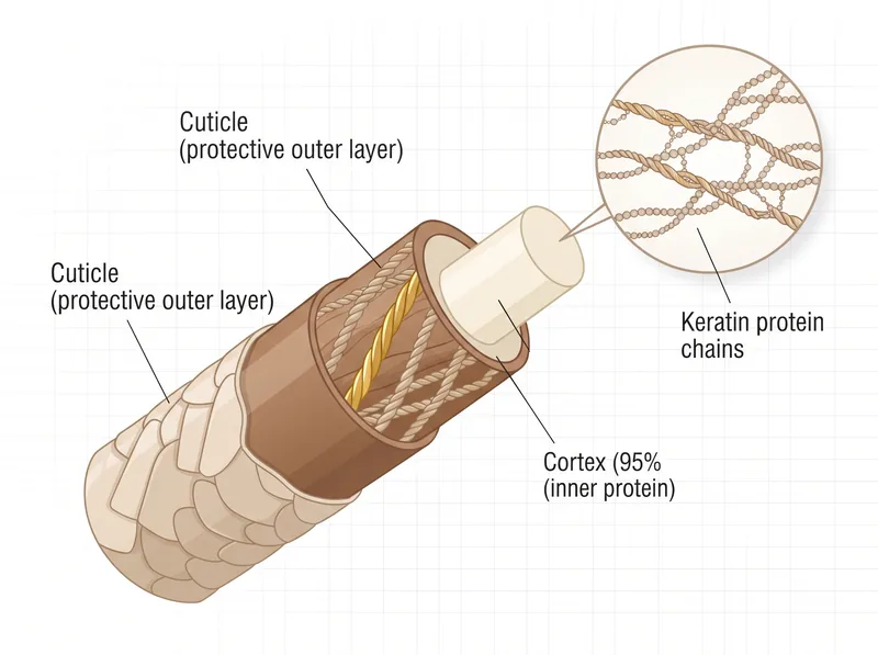 Scientific diagram showing hair strand structure with keratin protein composition highlighted