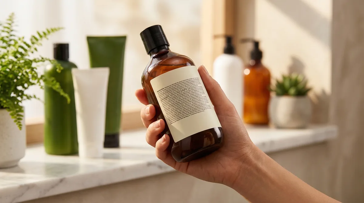 Woman reading shampoo bottle ingredient label in natural bathroom lighting