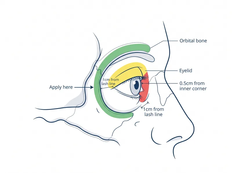 Diagram showing correct retinol application zones around the eye area with safe distances marked