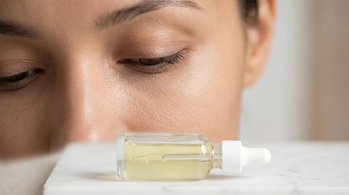 Close-up of woman's eye area showing smooth, hydrated skin with retinol serum dropper nearby
