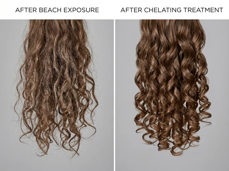 Before and after comparison of curly hair showing texture recovery after proper chelating treatment post-beach exposure