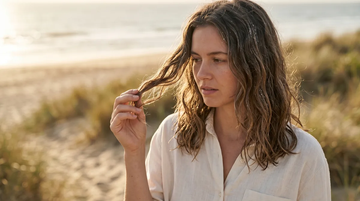 Woman with wavy hair examining her salt-stiffened curls after a beach day, holding a strand in natural sunlight