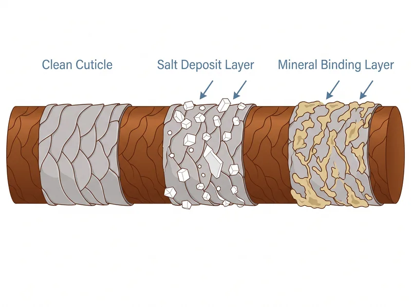 Educational diagram showing salt crystal structure and mineral deposits on hair cuticle after ocean water exposure