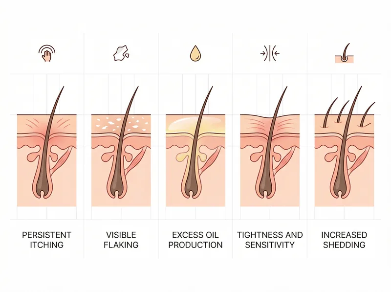 Educational diagram showing five common scalp health warning signs with visual indicators