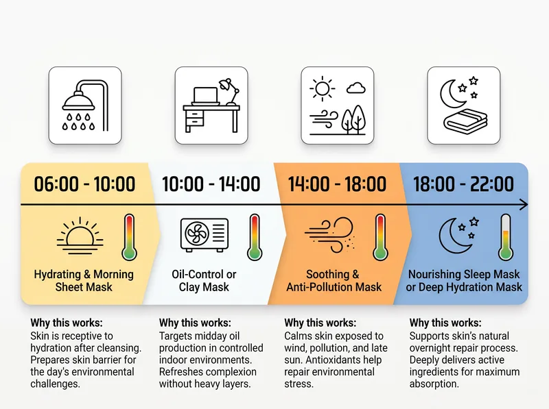 Timeline infographic showing optimal sheet mask application schedule for Gulf climate: morning AC exposure, midday office, evening recovery