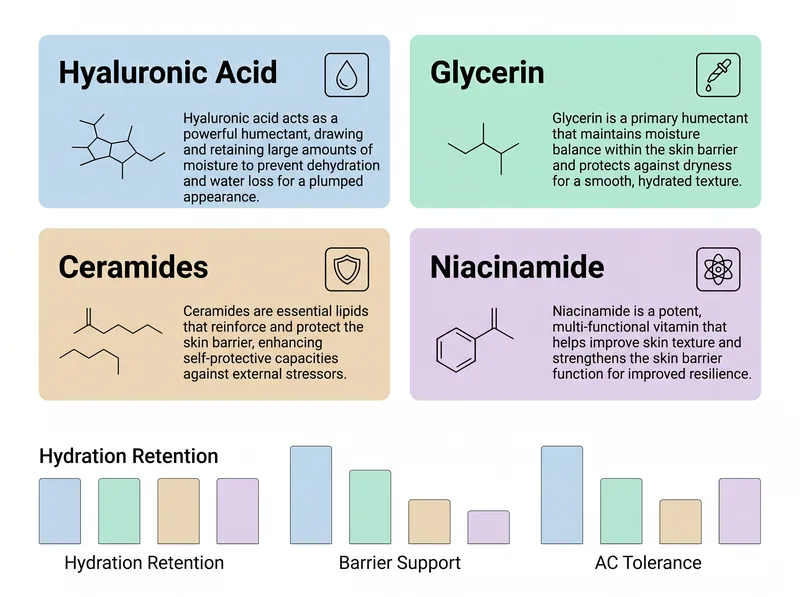 Educational infographic comparing hydrating ingredients in sheet masks: hyaluronic acid, glycerin, ceramides, and niacinamide with molecular structure illustrations