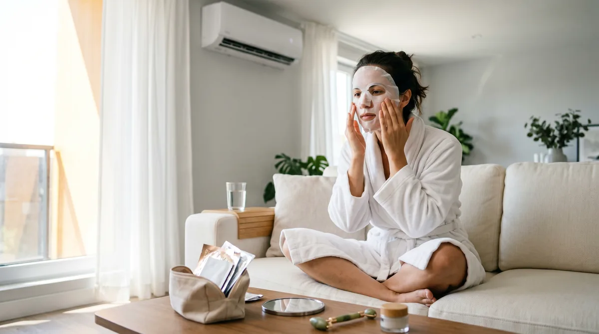 Woman applying hydrating sheet mask in modern Gulf apartment with AC unit visible in background