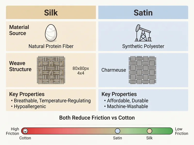 Infographic comparing silk and satin material sources, weave types, and key properties for hair health
