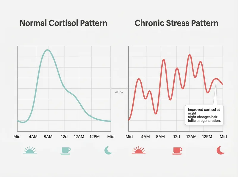 Infographic showing cortisol levels throughout 24-hour cycle comparing normal versus chronic stress patterns