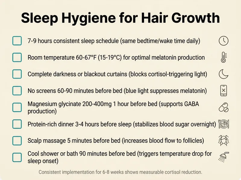 Checklist infographic showing sleep hygiene practices that support hair growth and cortisol regulation