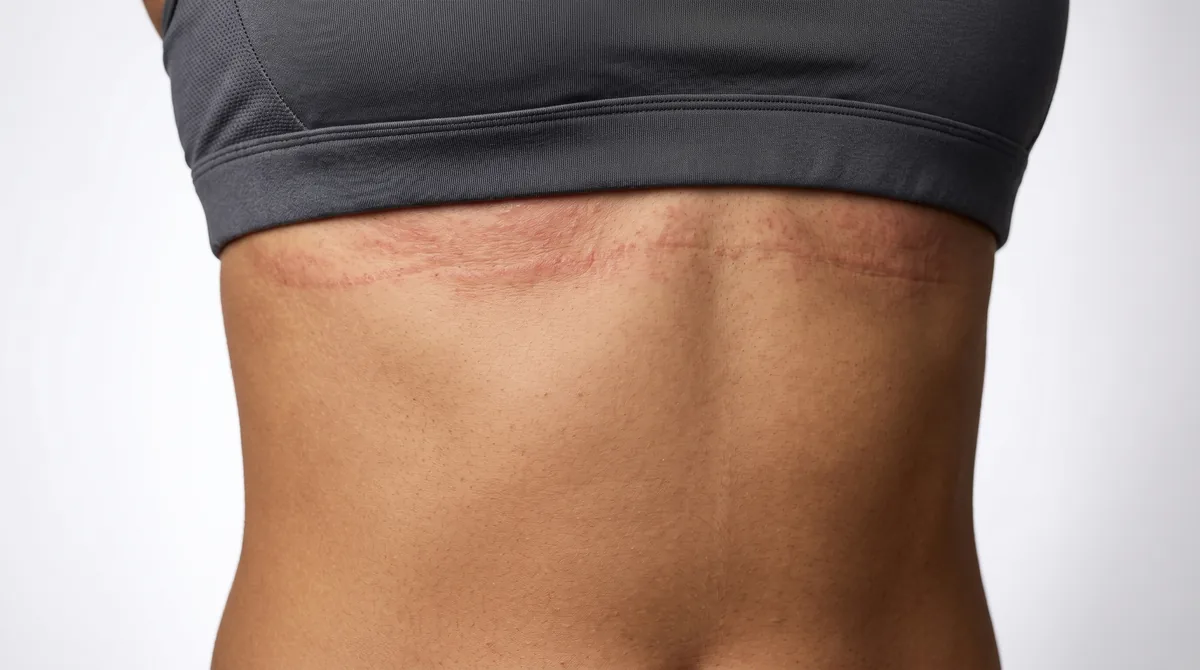 Close-up of woman's torso showing red irritated skin under sports bra elastic band with visible friction marks