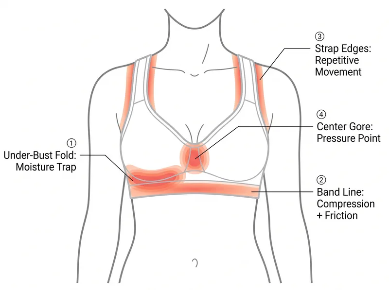 Body map showing common friction and irritation zones from sports bra wear during exercise
