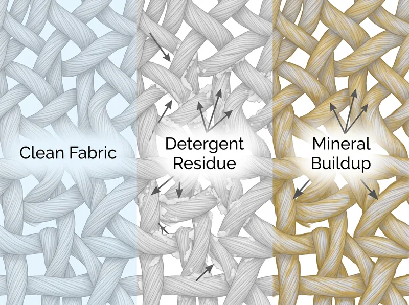Educational diagram showing detergent residue trapped in sports bra fabric fibers under microscopic view