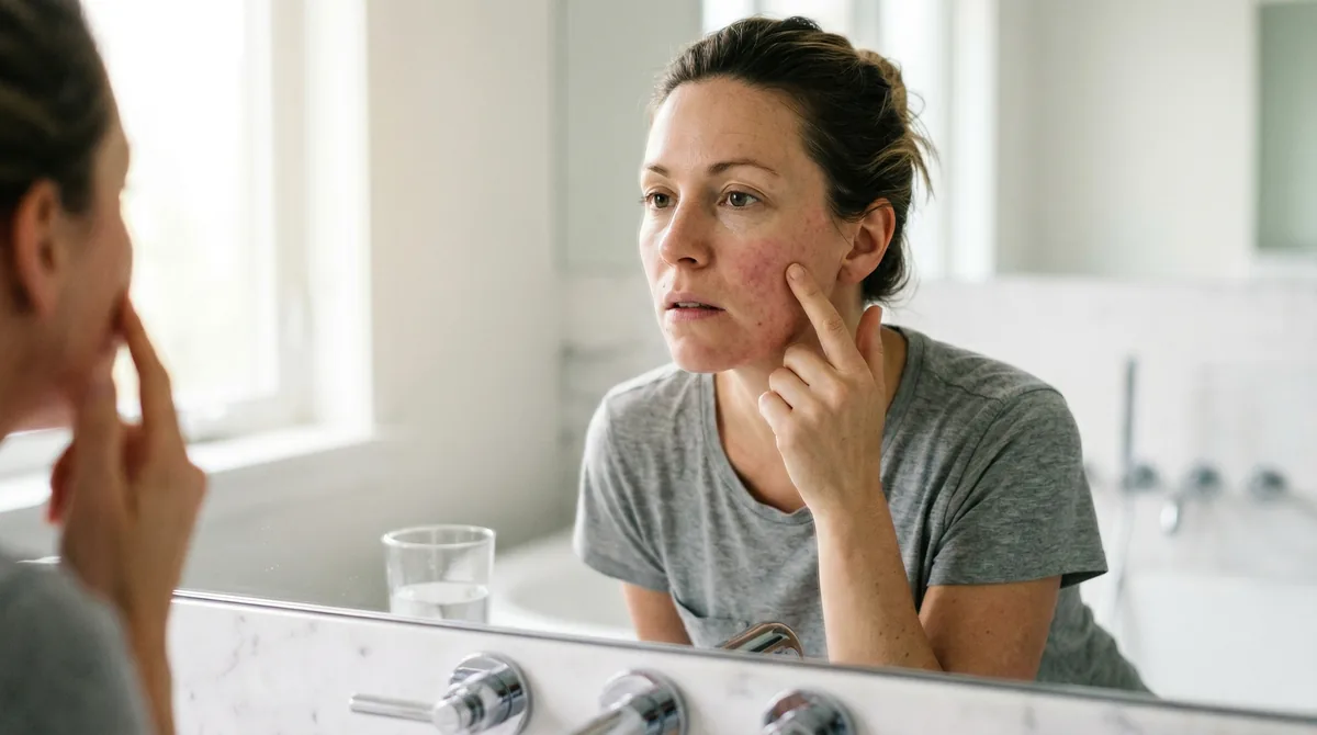 Woman examining stress-related skin changes in mirror, showing concern about facial inflammation and breakouts