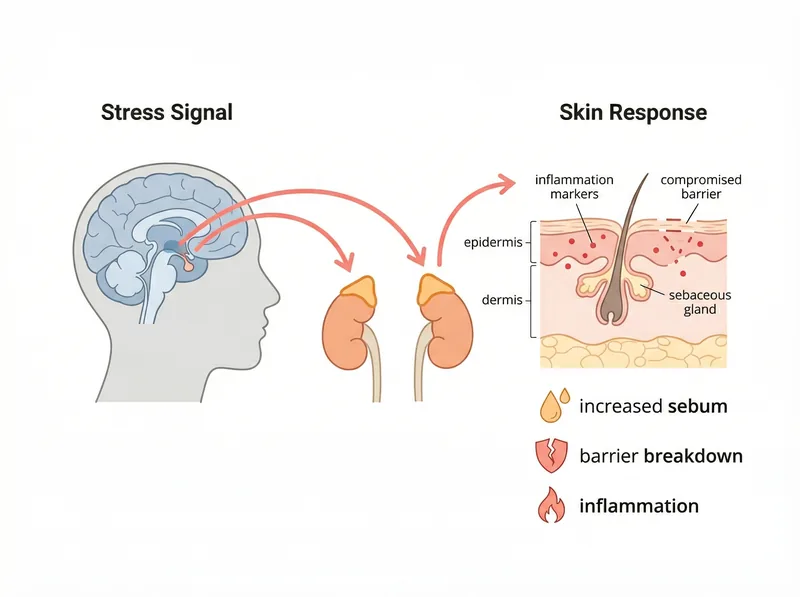 Educational diagram showing the stress-cortisol-skin inflammation pathway in the body