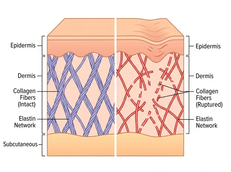 Scientific diagram showing collagen fiber structure in normal skin versus stretch mark formation