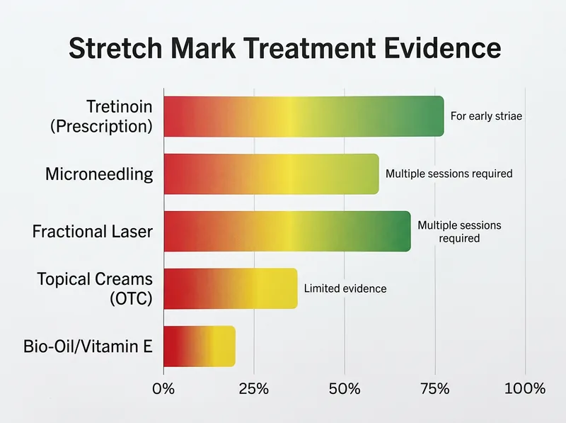 Visual comparison chart of stretch mark treatments showing effectiveness ratings based on research evidence
