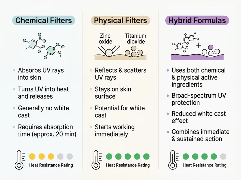 Visual comparison chart showing different sunscreen formulation types and their performance in extreme heat