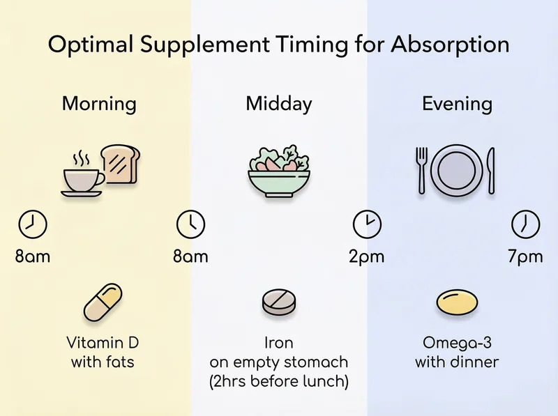 Visual guide showing optimal timing for taking vitamin D, iron, and omega-3 supplements throughout the day