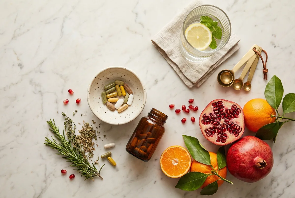 Supplement capsules arranged on a light marble surface with fresh fruit nearby